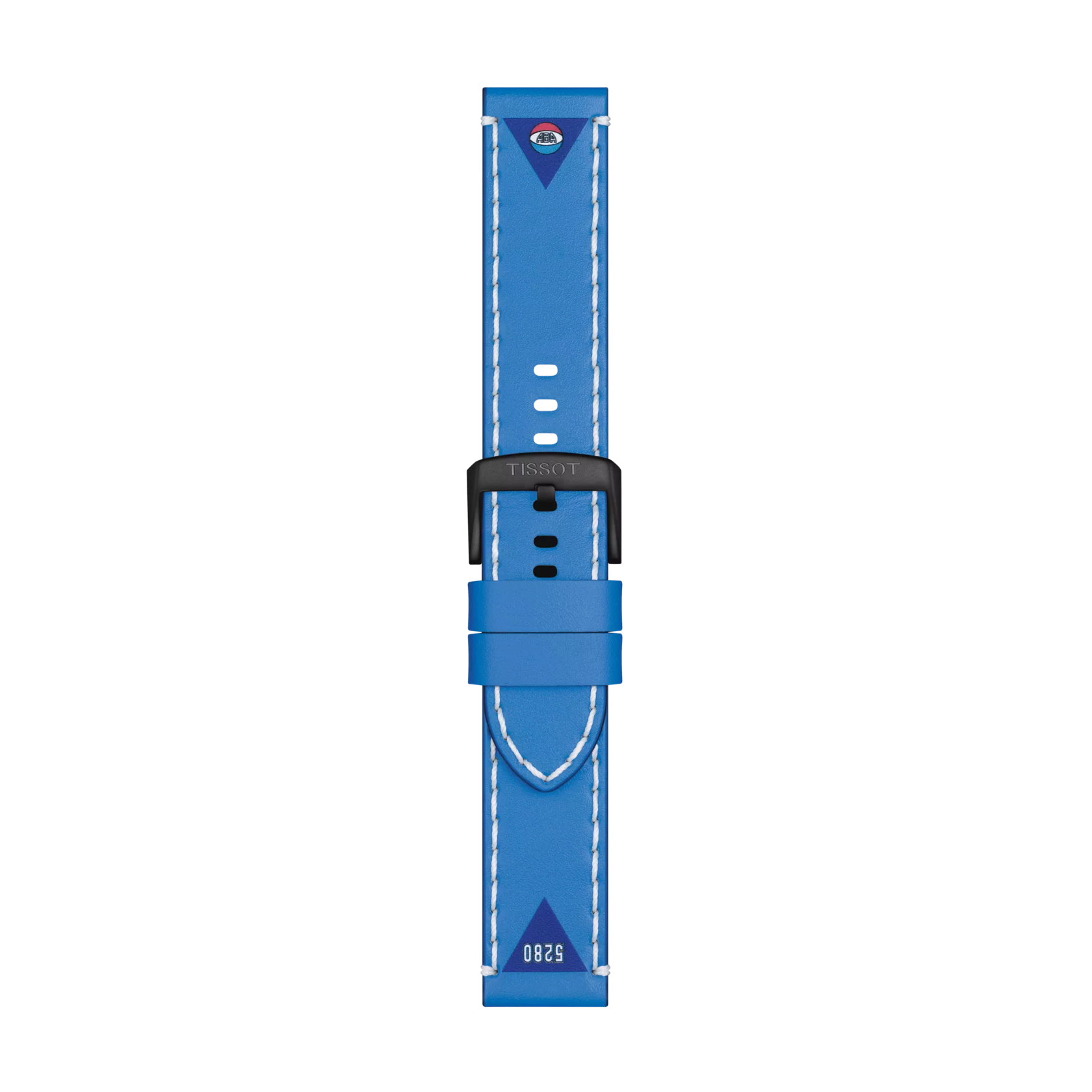 The Tissot Official Blue Leather Strap (Lugs 22 mm) by Tissot features white stitching, a black buckle, and a small multicolor circular logo near the top. The number "5280" is printed in white near the bottom. The strap is displayed on a plain white background.
