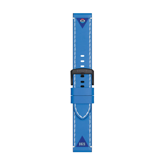 The Tissot Official Blue Leather Strap (Lugs 22 mm) by Tissot features white stitching, a black buckle, and a small multicolor circular logo near the top. The number "5280" is printed in white near the bottom. The strap is displayed on a plain white background.