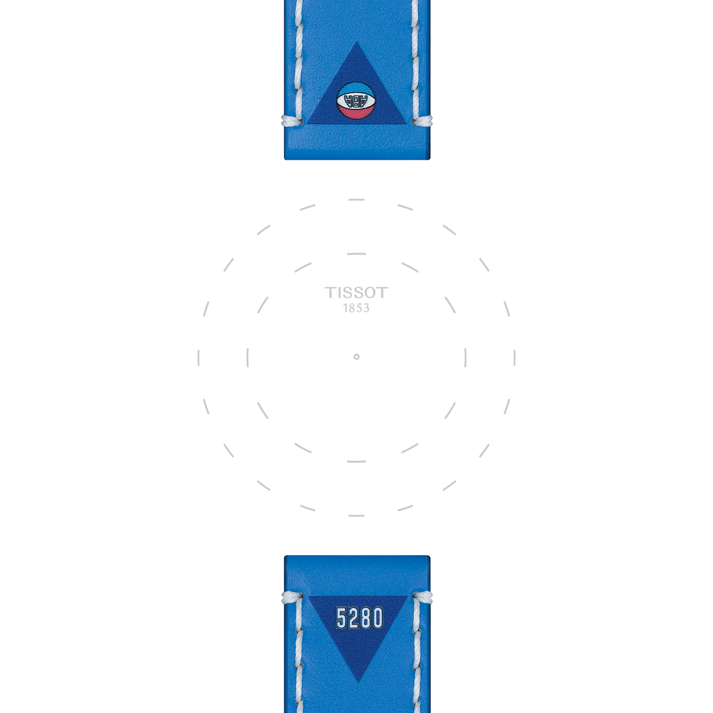 Tissot Official Blue Leather Strap Lugs 22 mm features a blue leather watch strap with white stitching, a Colorado state flag emblem on the top, and "5280" on the bottom; centered Tissot 1853 logo with dotted circle outline on a white background.