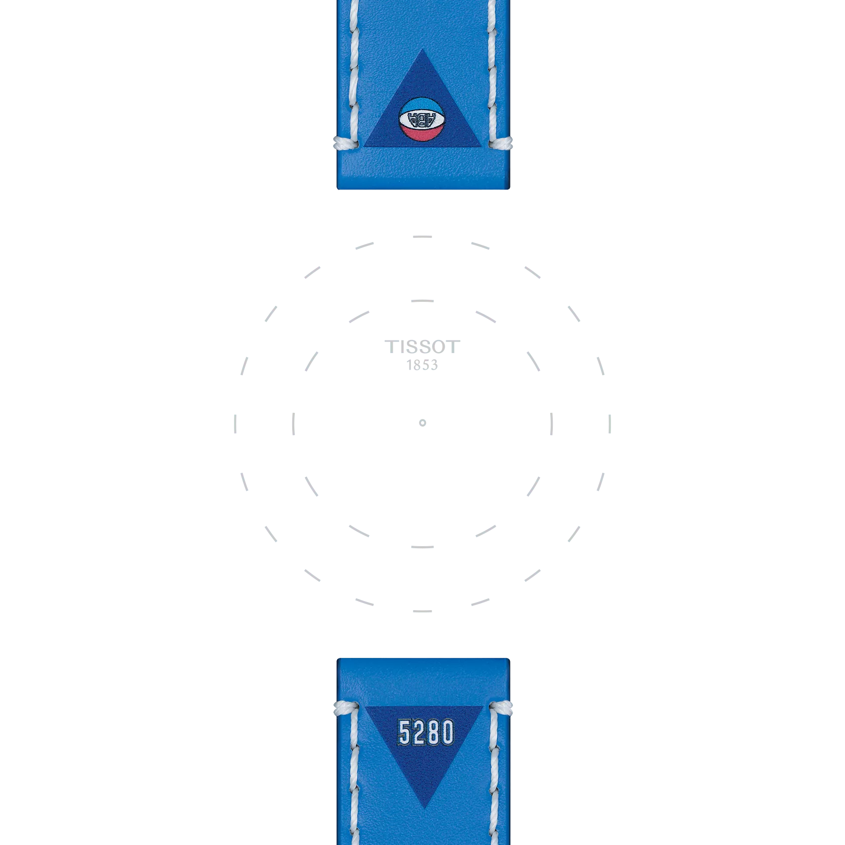 Tissot Official Blue Leather Strap Lugs 22 mm features a blue leather watch strap with white stitching, a Colorado state flag emblem on the top, and "5280" on the bottom; centered Tissot 1853 logo with dotted circle outline on a white background.