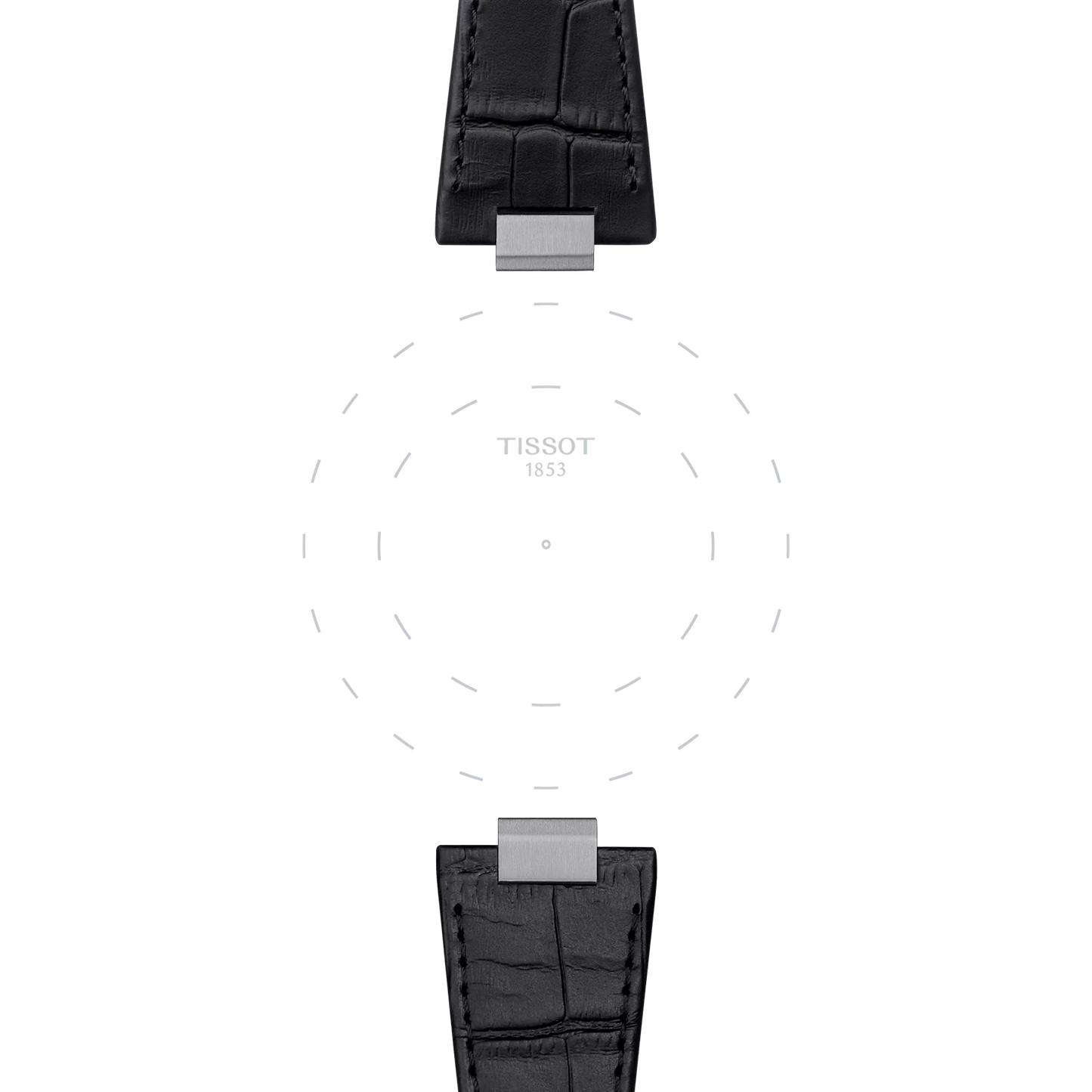 Two Tissot Official Black PRX 40mm Leather Straps, featuring silver clasps, are arranged above and below a faint dashed circle with the text “TISSOT 1853” in the center, all set against a light gray background.