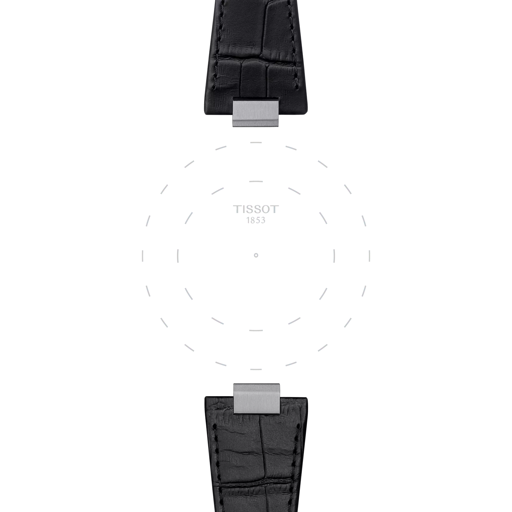 Two Tissot Official Black PRX 40mm Leather Straps, featuring silver clasps, are arranged above and below a faint dashed circle with the text “TISSOT 1853” in the center, all set against a light gray background.