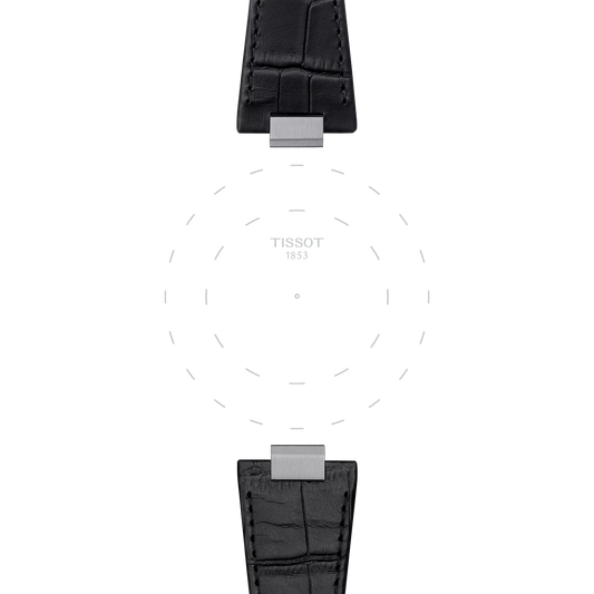 Two Tissot Official Black PRX 40mm Leather Straps, featuring silver clasps, are arranged above and below a faint dashed circle with the text “TISSOT 1853” in the center, all set against a light gray background.