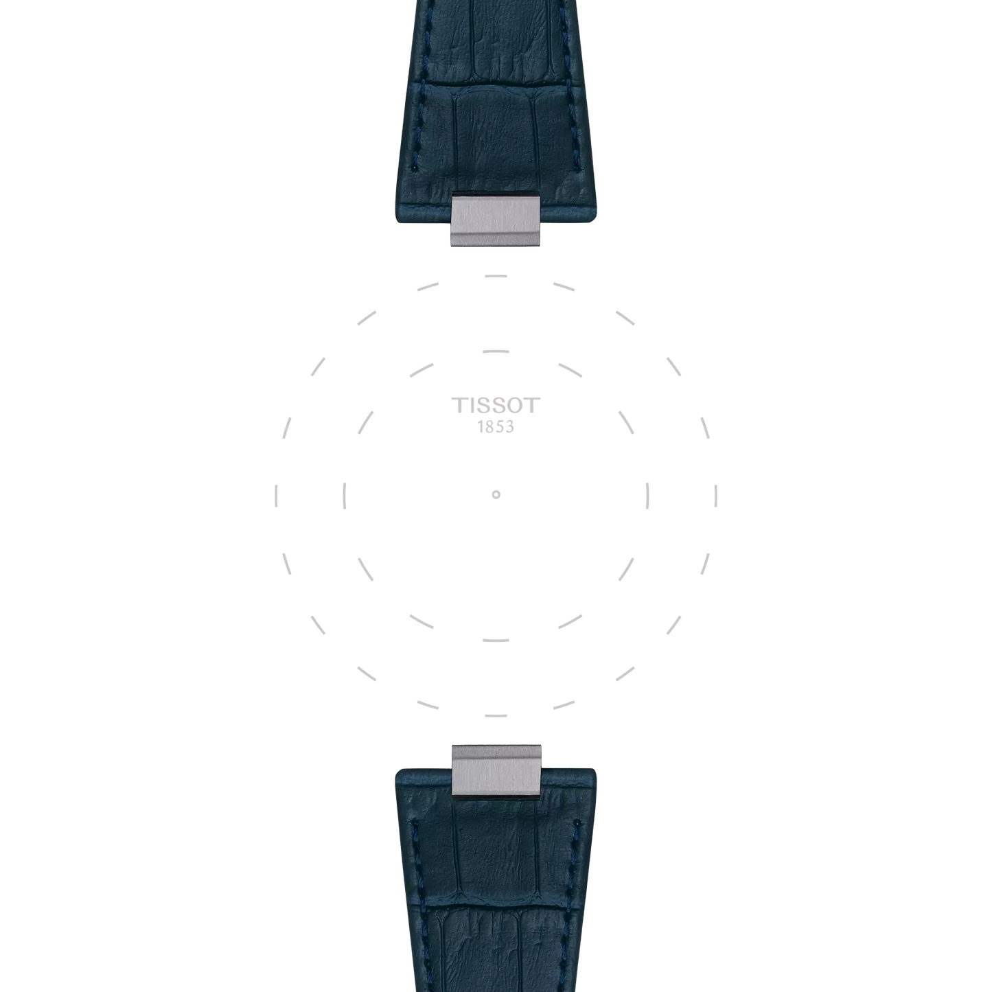 Two Tissot Official Dark Blue PRX 40mm Leather Straps are arranged opposite each other against a white background, with the Tissot logo and "1853" subtly displayed in the center. Dotted guide lines form a circular pattern between the straps.