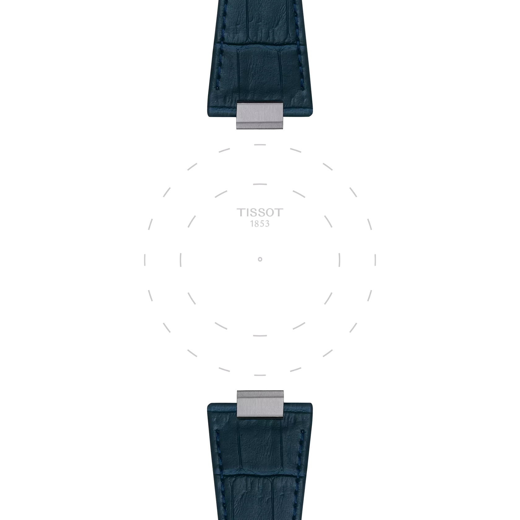 Two Tissot Official Dark Blue PRX 40mm Leather Straps are arranged opposite each other against a white background, with the Tissot logo and "1853" subtly displayed in the center. Dotted guide lines form a circular pattern between the straps.