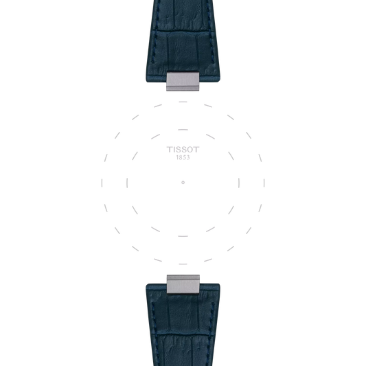 Two Tissot Official Dark Blue PRX 40mm Leather Straps are arranged opposite each other against a white background, with the Tissot logo and "1853" subtly displayed in the center. Dotted guide lines form a circular pattern between the straps.