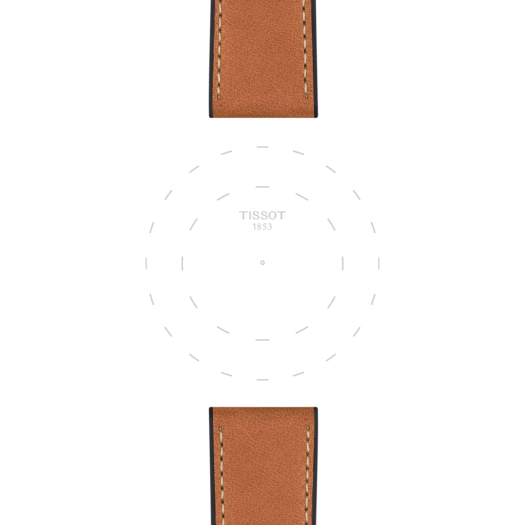 A brown Tissot Official Leather Strap (Lugs 23 mm) featuring visible stitching at both ends frames a blank white watch face, which displays "TISSOT 1853" in the center with dotted hour markers.