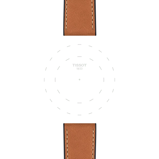 A brown Tissot Official Leather Strap (Lugs 23 mm) featuring visible stitching at both ends frames a blank white watch face, which displays "TISSOT 1853" in the center with dotted hour markers.