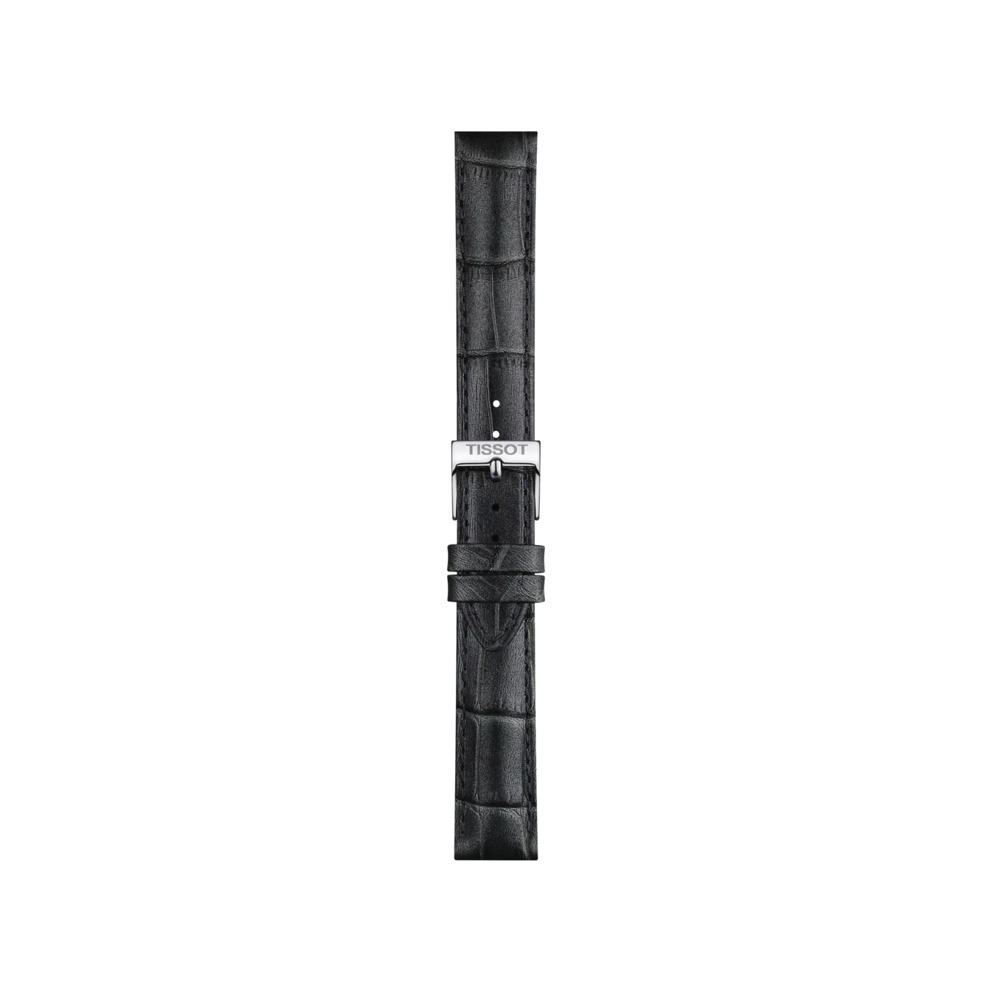 Grey leather watch strap with a crocodile texture, featuring a silver buckle engraved with "Tissot." The Tissot Official Grey Leather Strap (16 mm lugs) is displayed vertically on a plain white background.