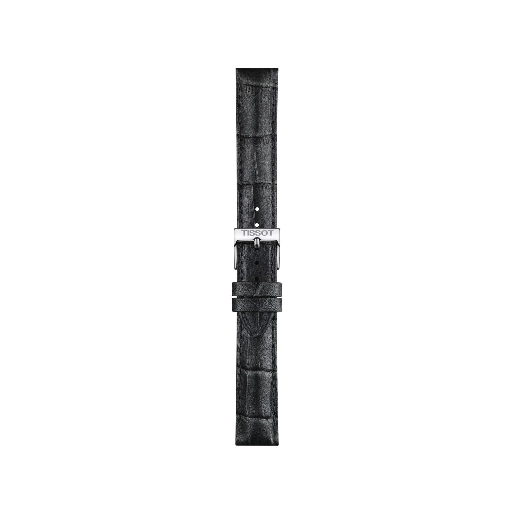 Grey leather watch strap with a crocodile texture, featuring a silver buckle engraved with "Tissot." The Tissot Official Grey Leather Strap (16 mm lugs) is displayed vertically on a plain white background.