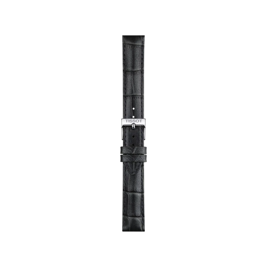 Grey leather watch strap with a crocodile texture, featuring a silver buckle engraved with "Tissot." The Tissot Official Grey Leather Strap (16 mm lugs) is displayed vertically on a plain white background.