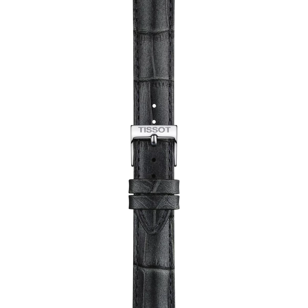 Grey leather watch strap by Tissot featuring a subtle pattern, a silver buckle engraved with the "TISSOT" logo, and 16 mm lugs. The strap is centered against a plain white background.