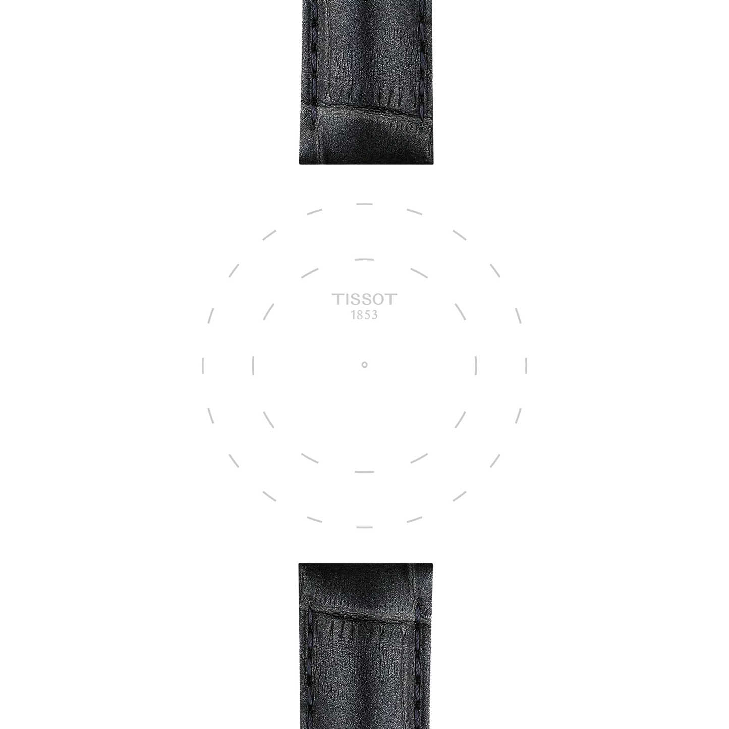 Featuring a minimalist watch face with dotted hour markers and "TISSOT 1853" displayed at the center, the Tissot Official Grey Leather Strap (Lugs 16 mm) by Tissot comes with elegant grey leather straps on a clean white background.