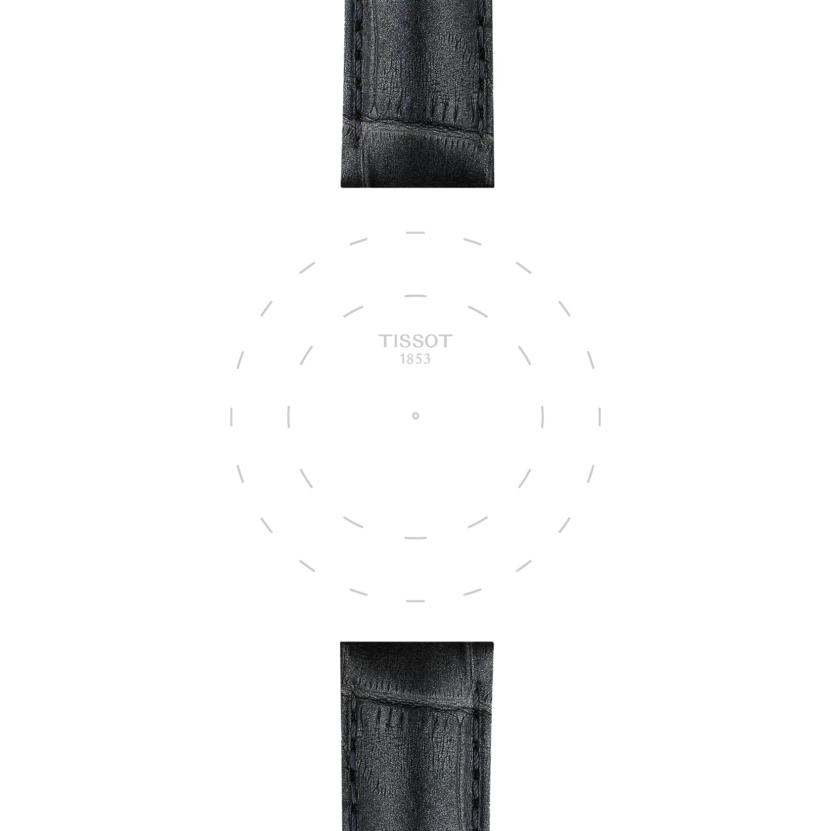 Featuring a minimalist watch face with dotted hour markers and "TISSOT 1853" displayed at the center, the Tissot Official Grey Leather Strap (Lugs 16 mm) by Tissot comes with elegant grey leather straps on a clean white background.
