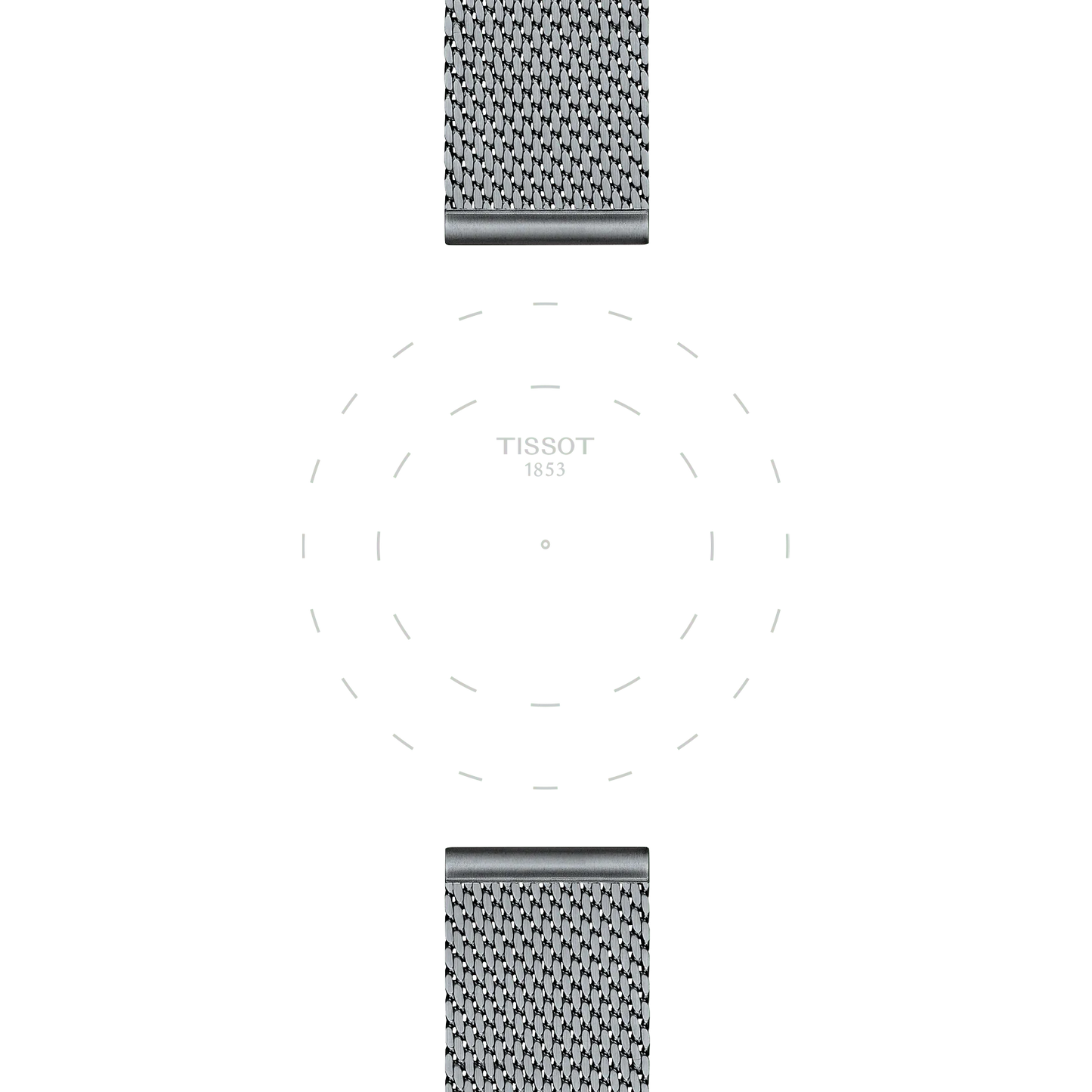 A minimalist Tissot watch face featuring "TISSOT 1853" at the center, paired with a Tissot Official Steel Milanais Bracelet Lugs 20 mm visible at the top and bottom; the dial displays faint dashed circles but lacks hour and minute hands.