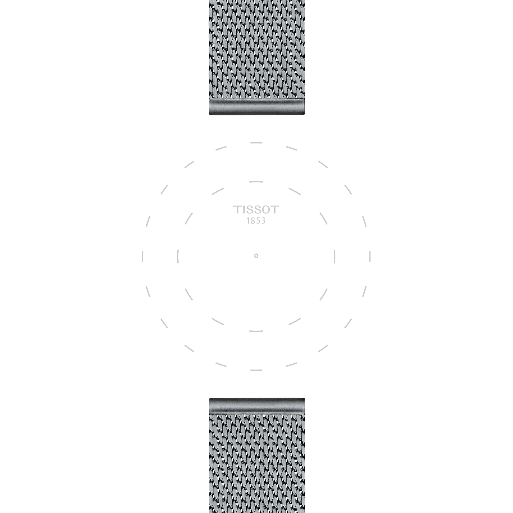 A minimalist Tissot watch face featuring "TISSOT 1853" at the center, paired with a Tissot Official Steel Milanais Bracelet Lugs 20 mm visible at the top and bottom; the dial displays faint dashed circles but lacks hour and minute hands.