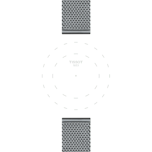 A minimalist Tissot watch face featuring "TISSOT 1853" at the center, paired with a Tissot Official Steel Milanais Bracelet Lugs 20 mm visible at the top and bottom; the dial displays faint dashed circles but lacks hour and minute hands.