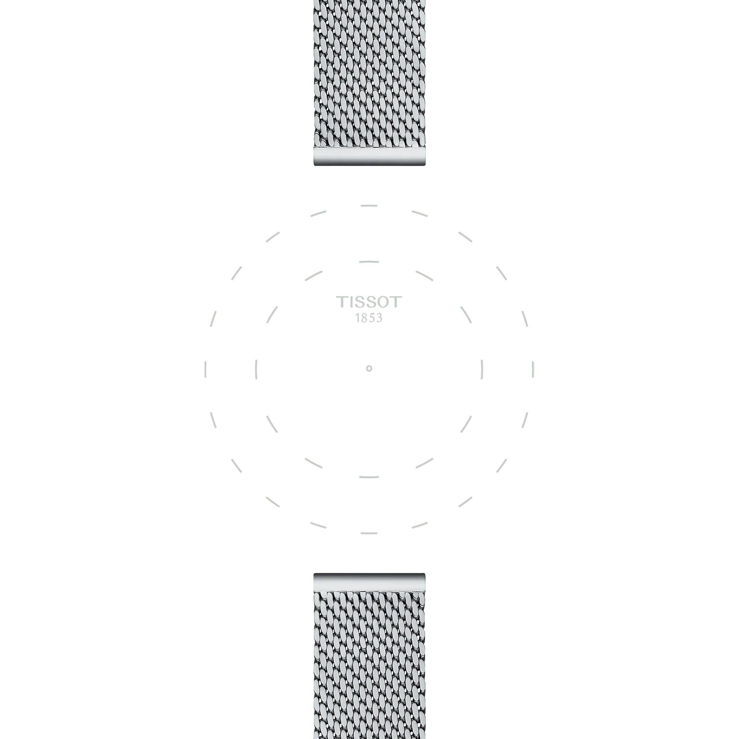 A Tissot Official Steel Milanais Bracelet Lugs 16 mm is displayed with the watch face removed, showing only its outlines and the “TISSOT 1853” branding at the center, while the rest of the dial is marked by dashed lines.