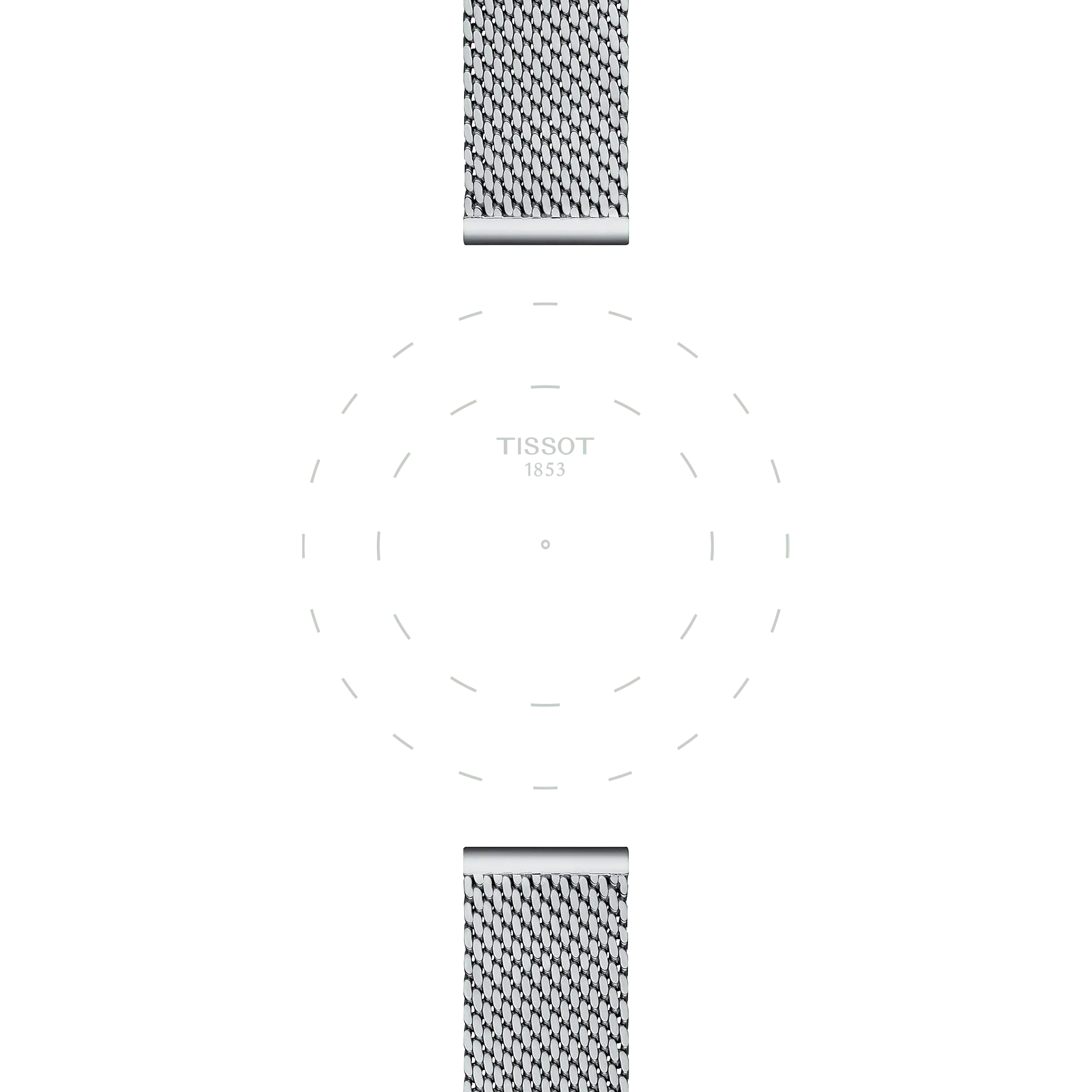A Tissot Official Steel Milanais Bracelet Lugs 16 mm is displayed with the watch face removed, showing only its outlines and the “TISSOT 1853” branding at the center, while the rest of the dial is marked by dashed lines.