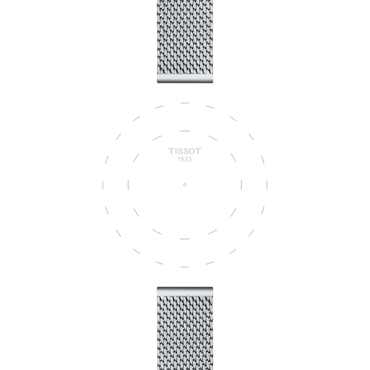A Tissot Official Steel Milanais Bracelet Lugs 16 mm is displayed with the watch face removed, showing only its outlines and the “TISSOT 1853” branding at the center, while the rest of the dial is marked by dashed lines.