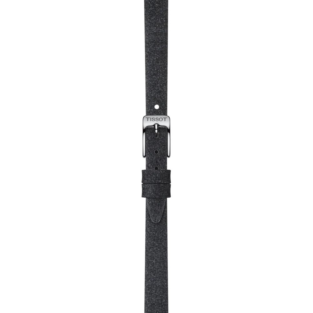 A close-up of the Tissot Official Black Synthetic Strap Lugs 9mm, featuring a textured black finish and a silver buckle engraved with "TISSOT," set against a plain white background.