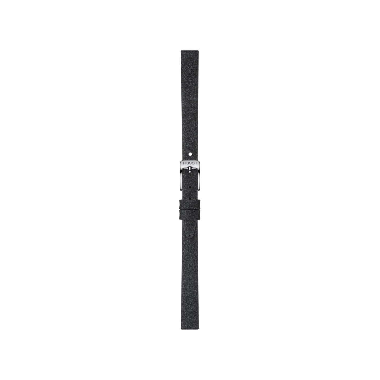 A Tissot Official Black Synthetic Strap with 9mm lugs and a silver buckle is displayed vertically against a plain white background.