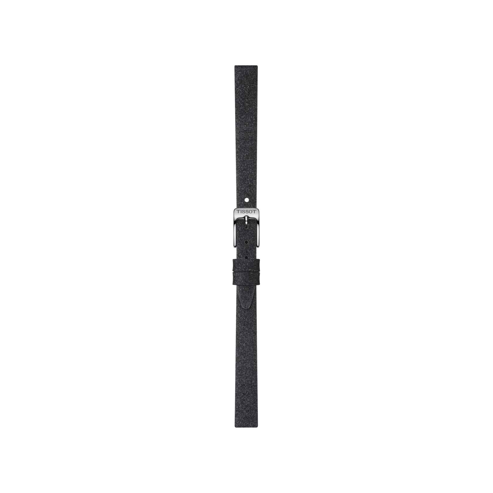 A Tissot Official Black Synthetic Strap with 9mm lugs and a silver buckle is displayed vertically against a plain white background.