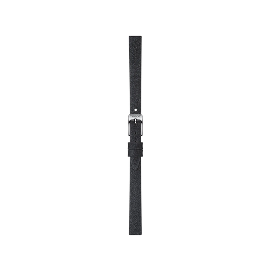 A Tissot Official Black Synthetic Strap with 9mm lugs and a silver buckle is displayed vertically against a plain white background.