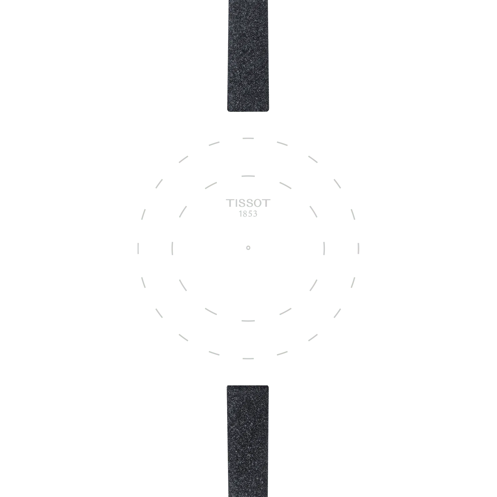Minimalist Tissot Official Black Synthetic Strap Lugs 9mm watch face, featuring only the Tissot brand name, subtle dotted circles, and two black synthetic strap lugs (9mm) at the top and bottom. No numbers or hands are present.