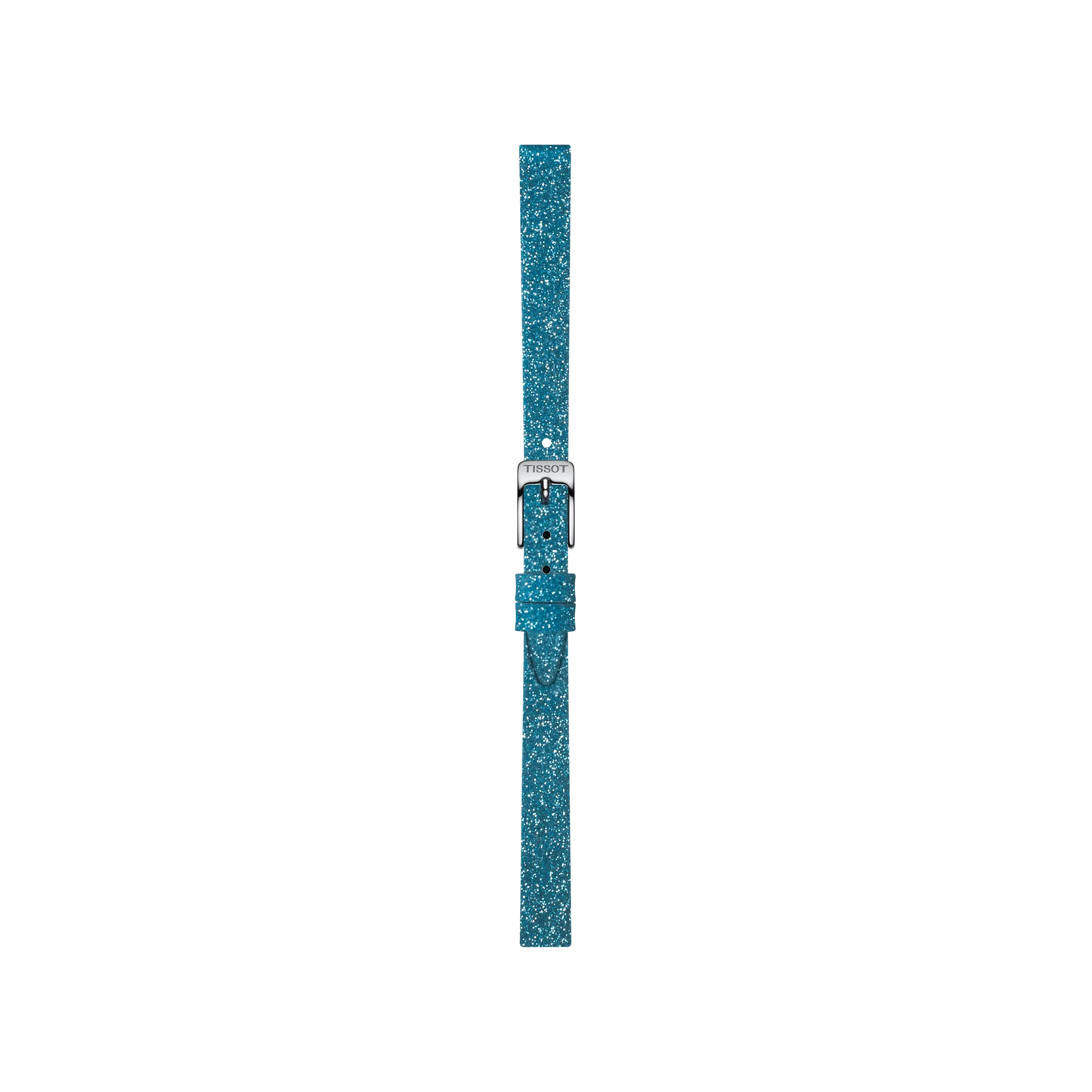 The Tissot Official Blue Synthetic Strap Lugs 9mm by Tissot, featuring a glittery finish and a silver buckle, is displayed vertically against a plain white background.