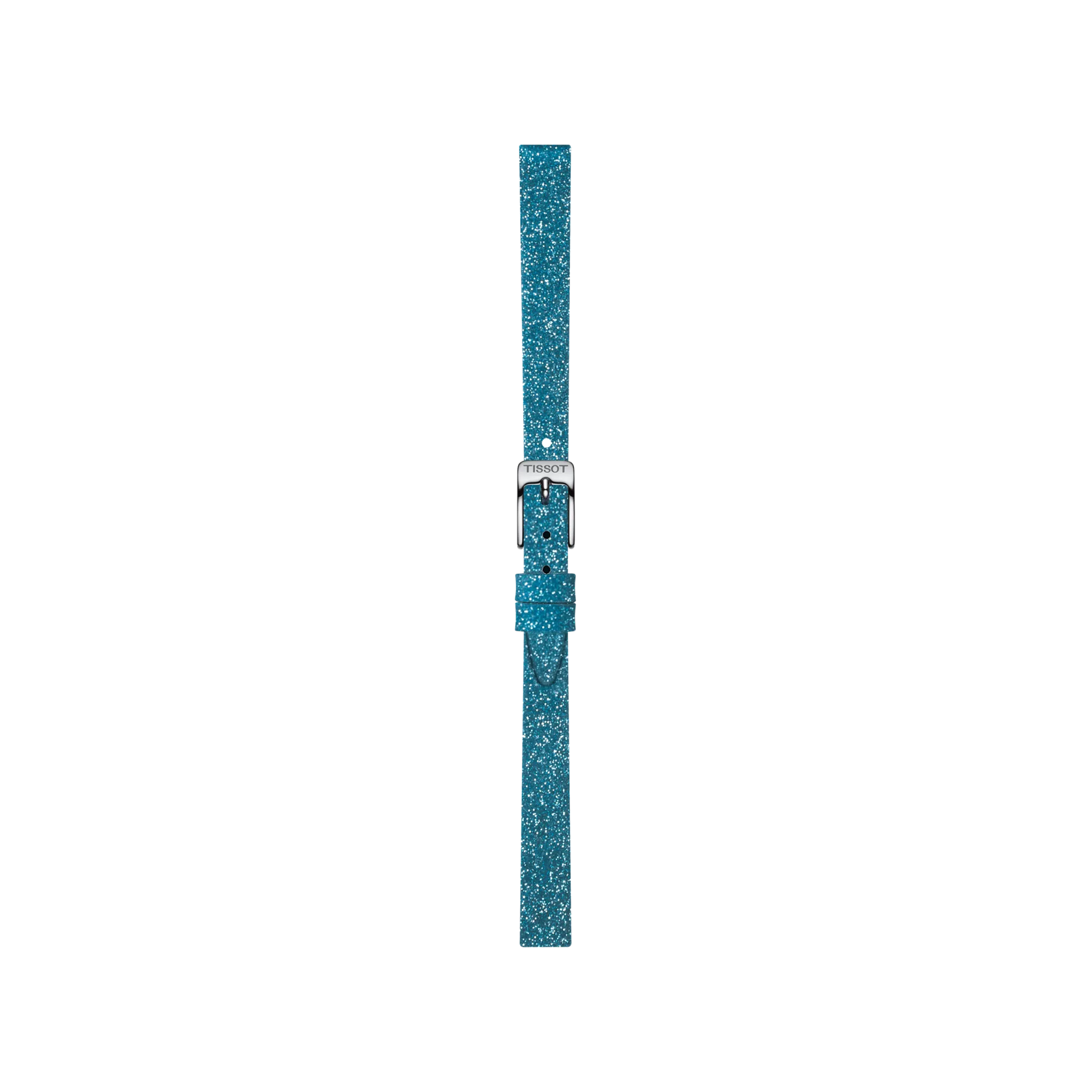 The Tissot Official Blue Synthetic Strap Lugs 9mm by Tissot, featuring a glittery finish and a silver buckle, is displayed vertically against a plain white background.
