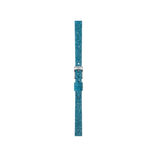 The Tissot Official Blue Synthetic Strap Lugs 9mm by Tissot, featuring a glittery finish and a silver buckle, is displayed vertically against a plain white background.