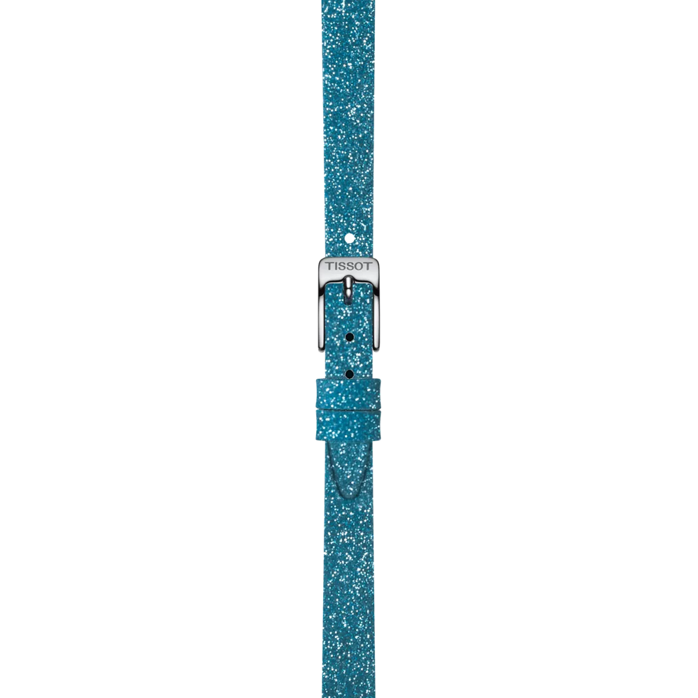A Tissot Official Blue Synthetic Strap with 9mm lugs is shown, featuring a silver buckle. The strap, from Tissot, is centered vertically against a white background.