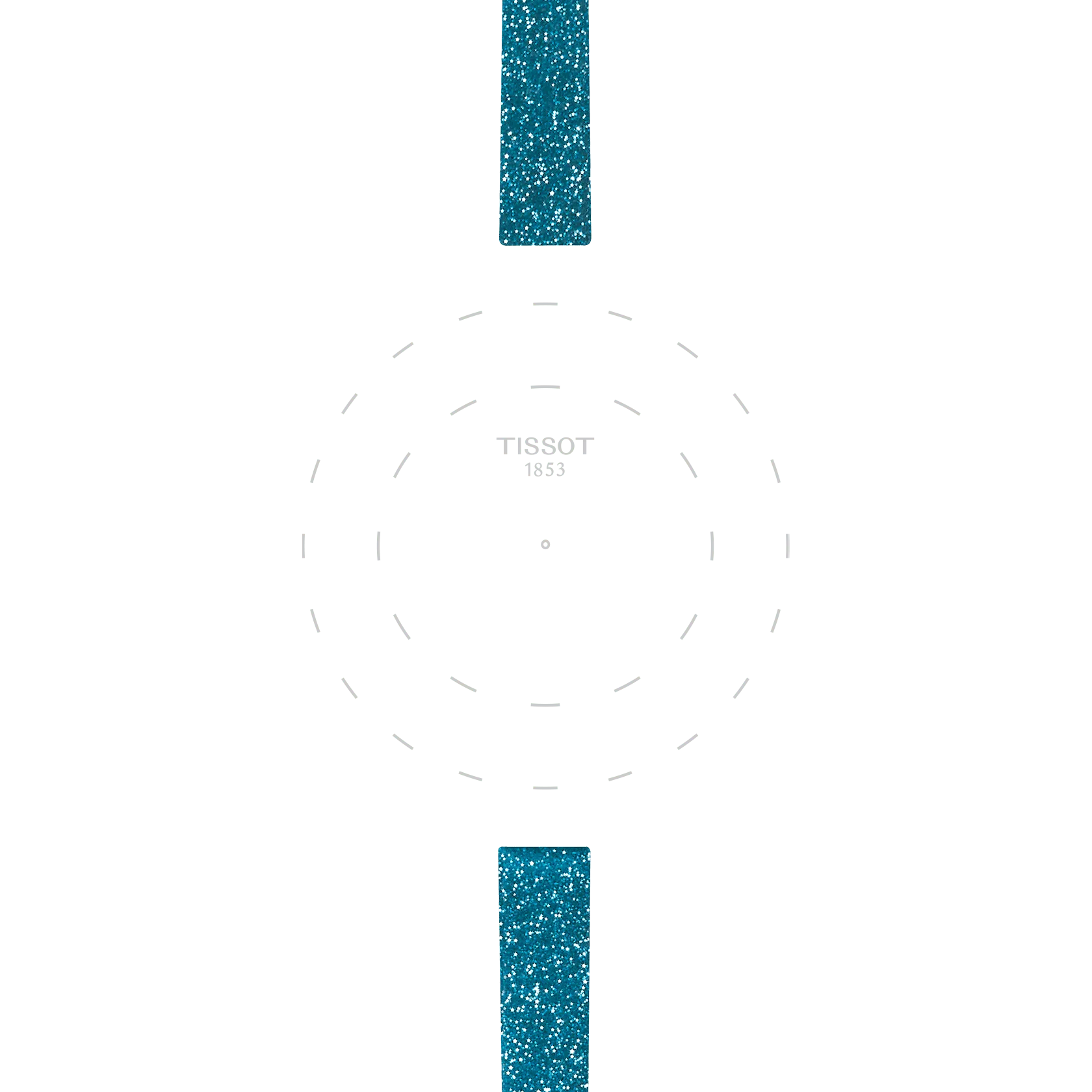 Featuring a minimalist watch face with dotted circular markers, the center displays the "TISSOT 1853" text, while two textured blue synthetic strap lugs (9mm) from Tissot’s Official collection are positioned at the top and bottom on a white background, resembling watch straps.