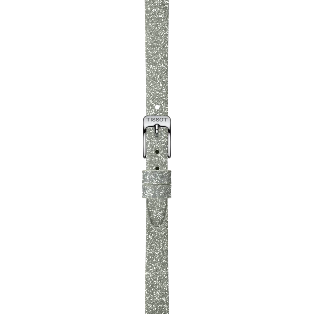 A Tissot Official Grey Synthetic Strap with 9mm lugs is displayed vertically against a white background, featuring a metallic buckle.