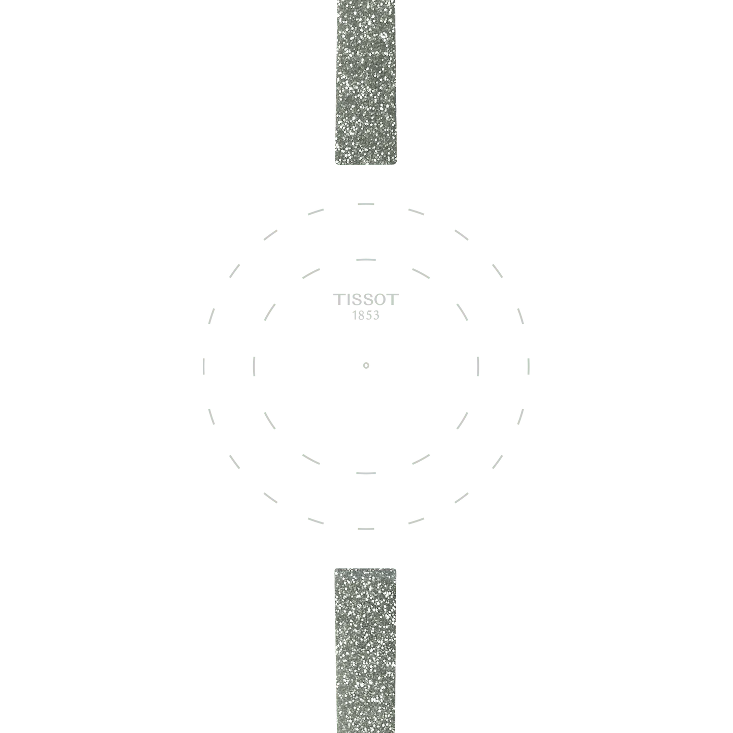 Featuring a minimalist white watch face with dotted hour markers, "TISSOT 1853" text at the center, and glittery silver accents at the top and bottom, the Tissot Official Grey Synthetic Strap Lugs 9mm combines elegant design with signature Tissot branding.