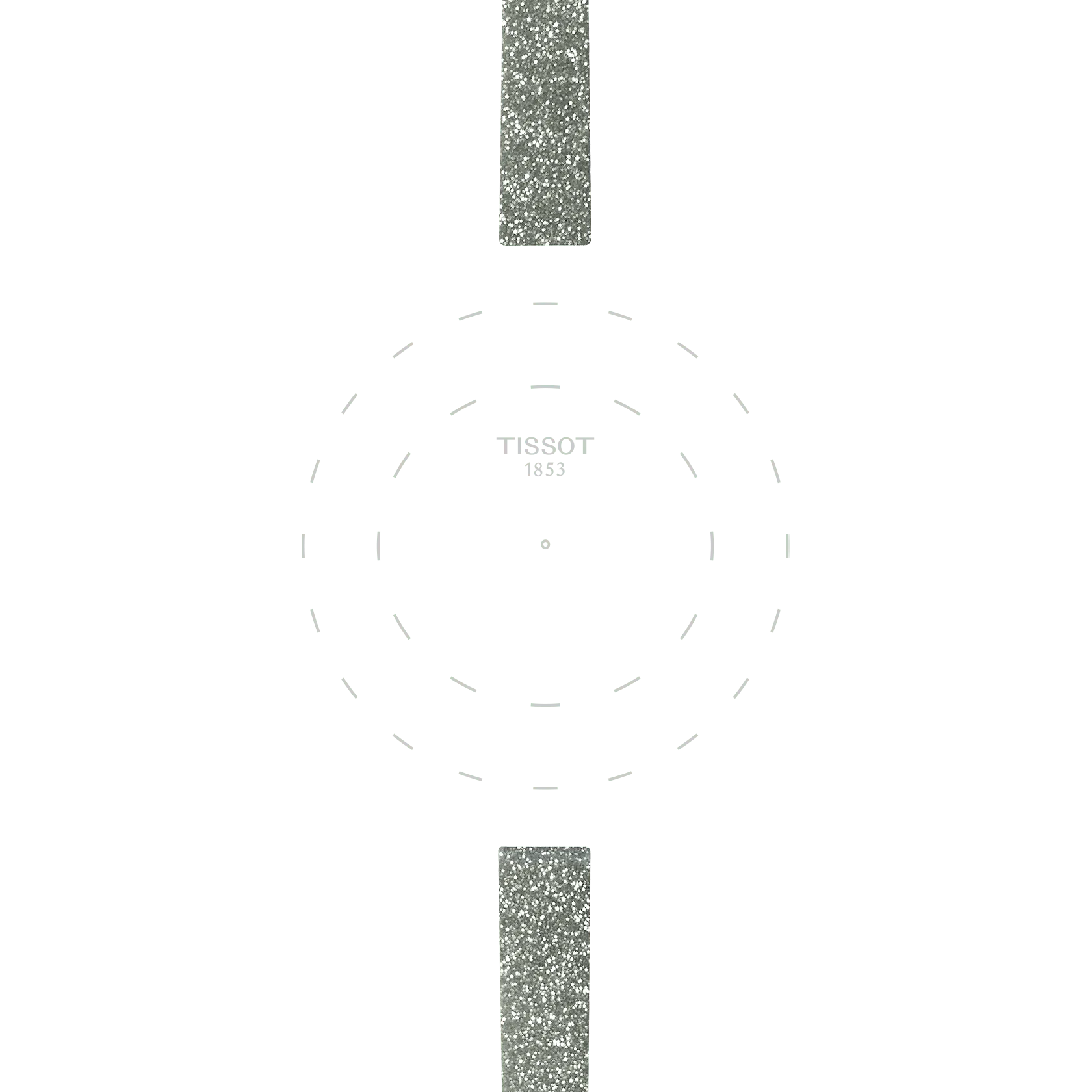 Featuring a minimalist white watch face with dotted hour markers, "TISSOT 1853" text at the center, and glittery silver accents at the top and bottom, the Tissot Official Grey Synthetic Strap Lugs 9mm combines elegant design with signature Tissot branding.