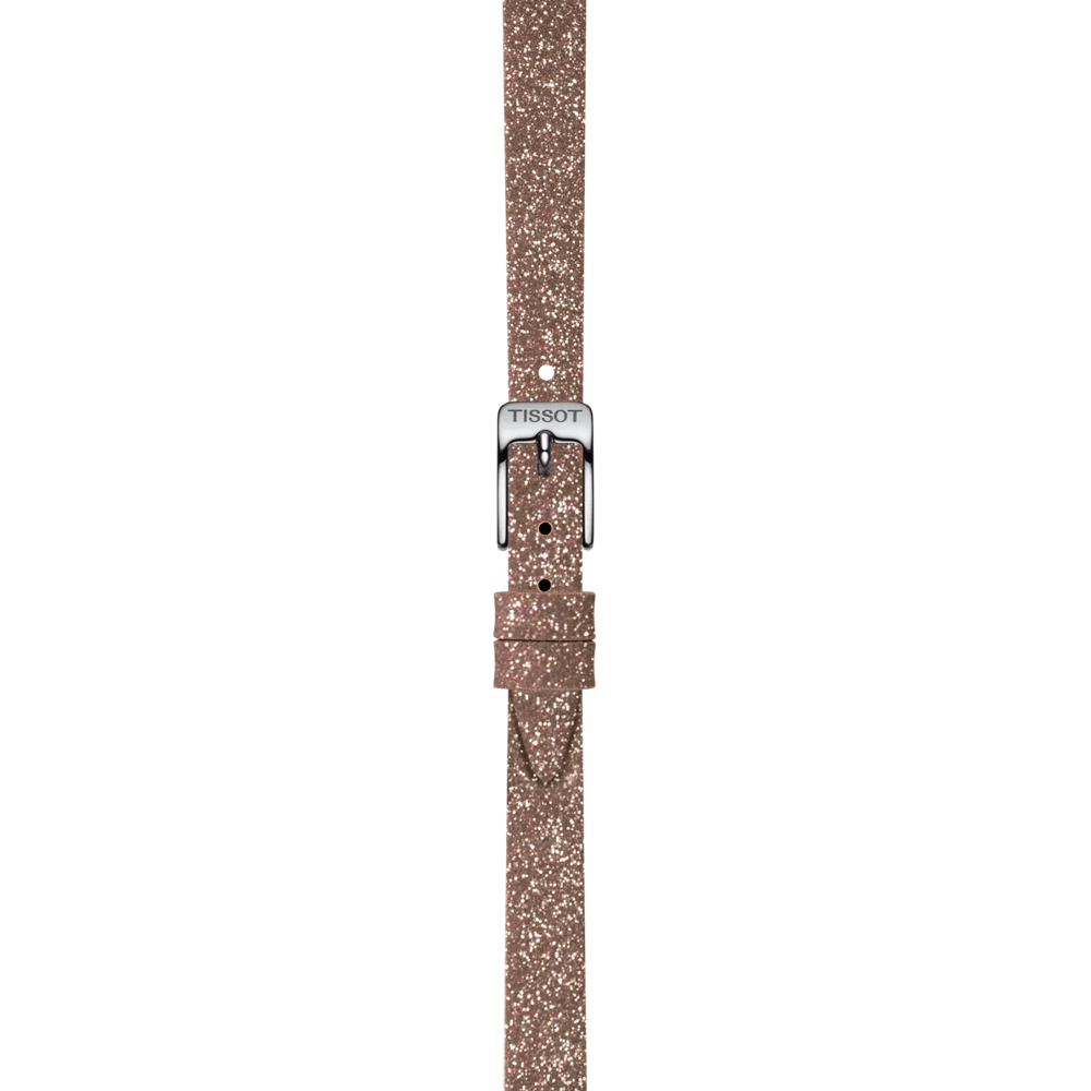 The Tissot Official Pink Synthetic Strap, featuring 9mm lugs and a silver buckle engraved with "Tissot," is displayed against a white background.