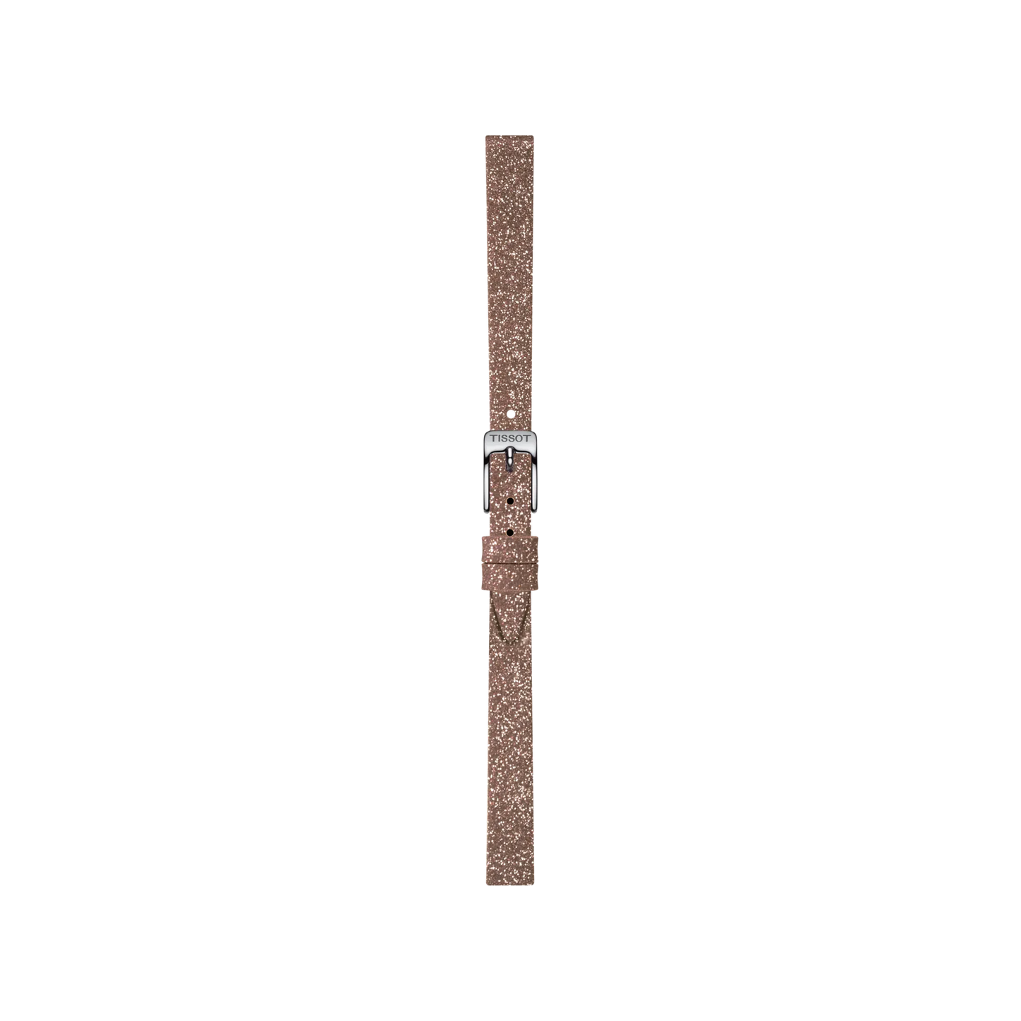 A pink synthetic watch strap from Tissot, designed for 9mm lugs, is displayed vertically with a silver buckle against a plain white background.