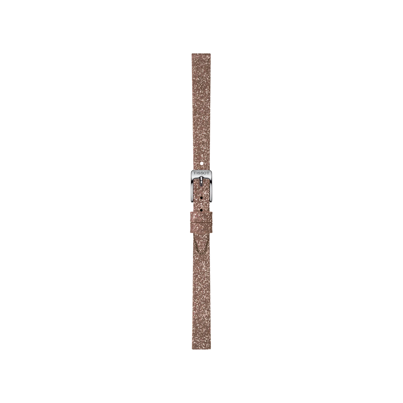 A pink synthetic watch strap from Tissot, designed for 9mm lugs, is displayed vertically with a silver buckle against a plain white background.