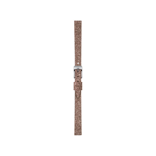 A pink synthetic watch strap from Tissot, designed for 9mm lugs, is displayed vertically with a silver buckle against a plain white background.