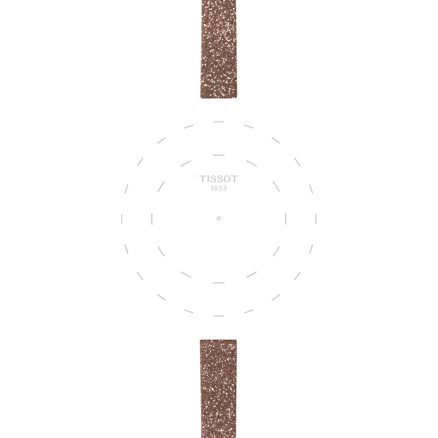 Here’s the rewritten sentence using your product data: The minimalist watch face features a white background with faint, dashed circular hour markers and "TISSOT 1853" displayed at the center. It is paired with two glittery, textured pink synthetic straps (Tissot Official Pink Synthetic Strap Lugs 9mm) at the top and bottom.
