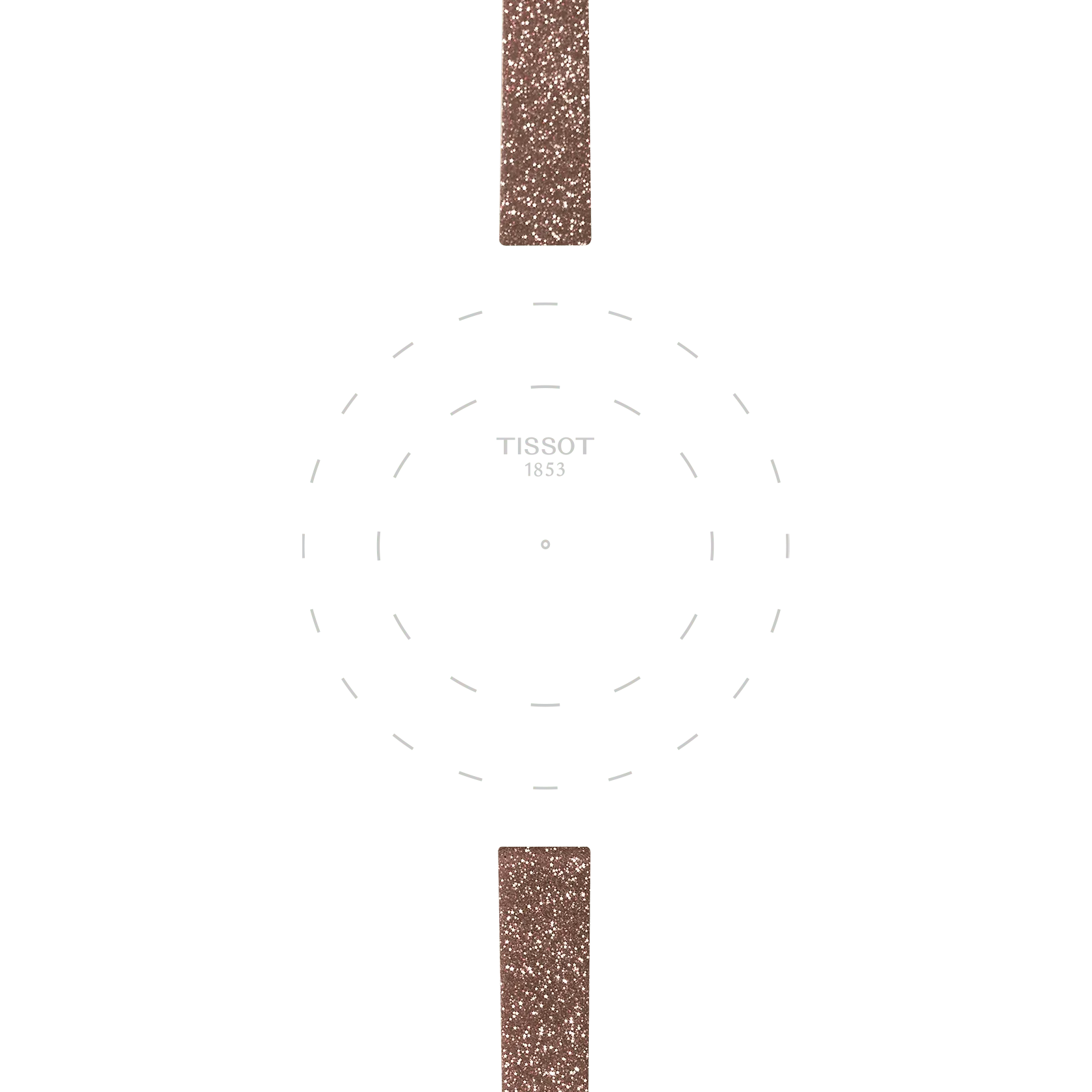 Here’s the rewritten sentence using your product data: The minimalist watch face features a white background with faint, dashed circular hour markers and "TISSOT 1853" displayed at the center. It is paired with two glittery, textured pink synthetic straps (Tissot Official Pink Synthetic Strap Lugs 9mm) at the top and bottom.