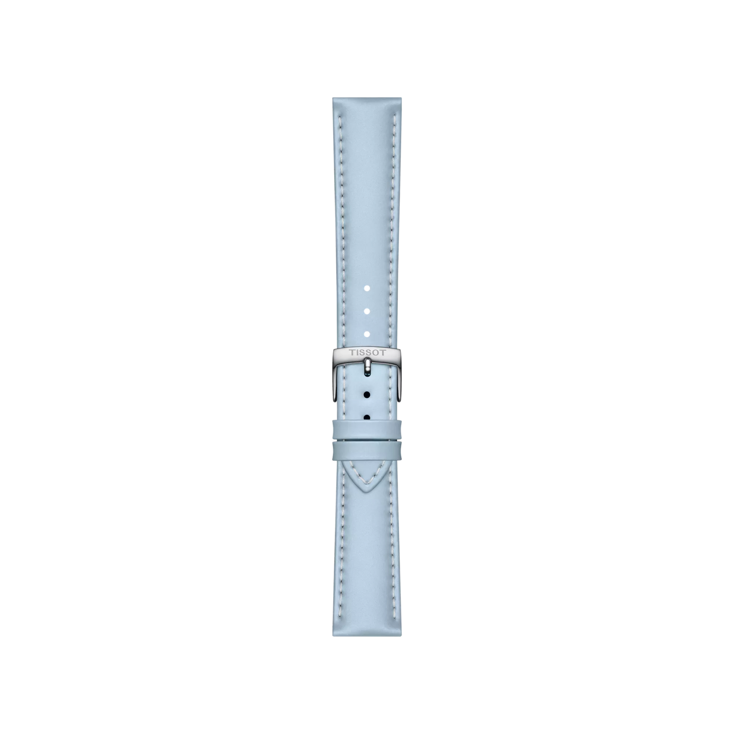 The Tissot Official Blue Leather Strap, featuring edge stitching and a silver buckle, is displayed vertically against a plain white background.