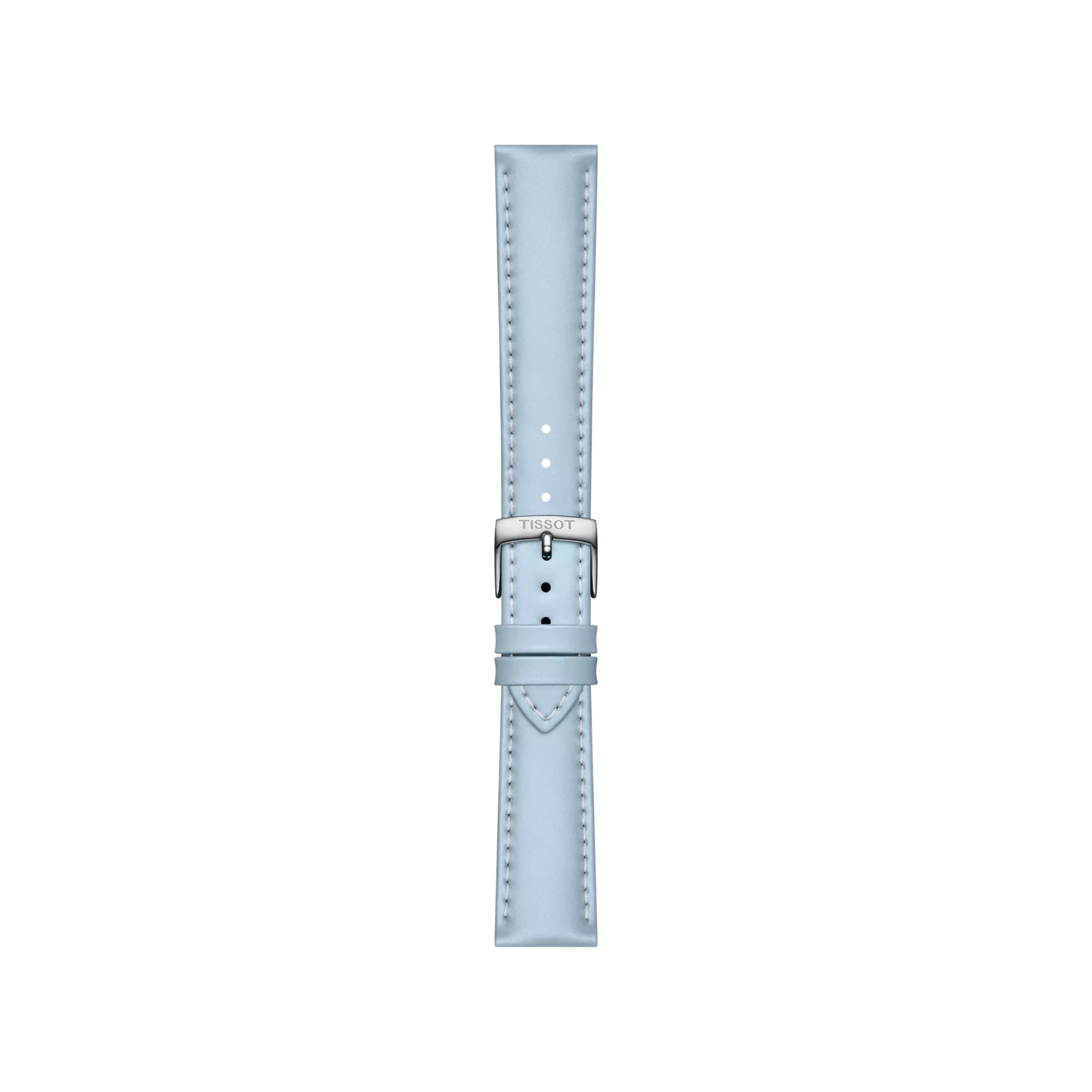 The Tissot Official Blue Leather Strap, featuring edge stitching and a silver buckle, is displayed vertically against a plain white background.