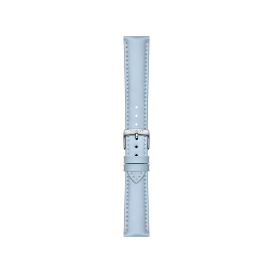 The Tissot Official Blue Leather Strap, featuring edge stitching and a silver buckle, is displayed vertically against a plain white background.