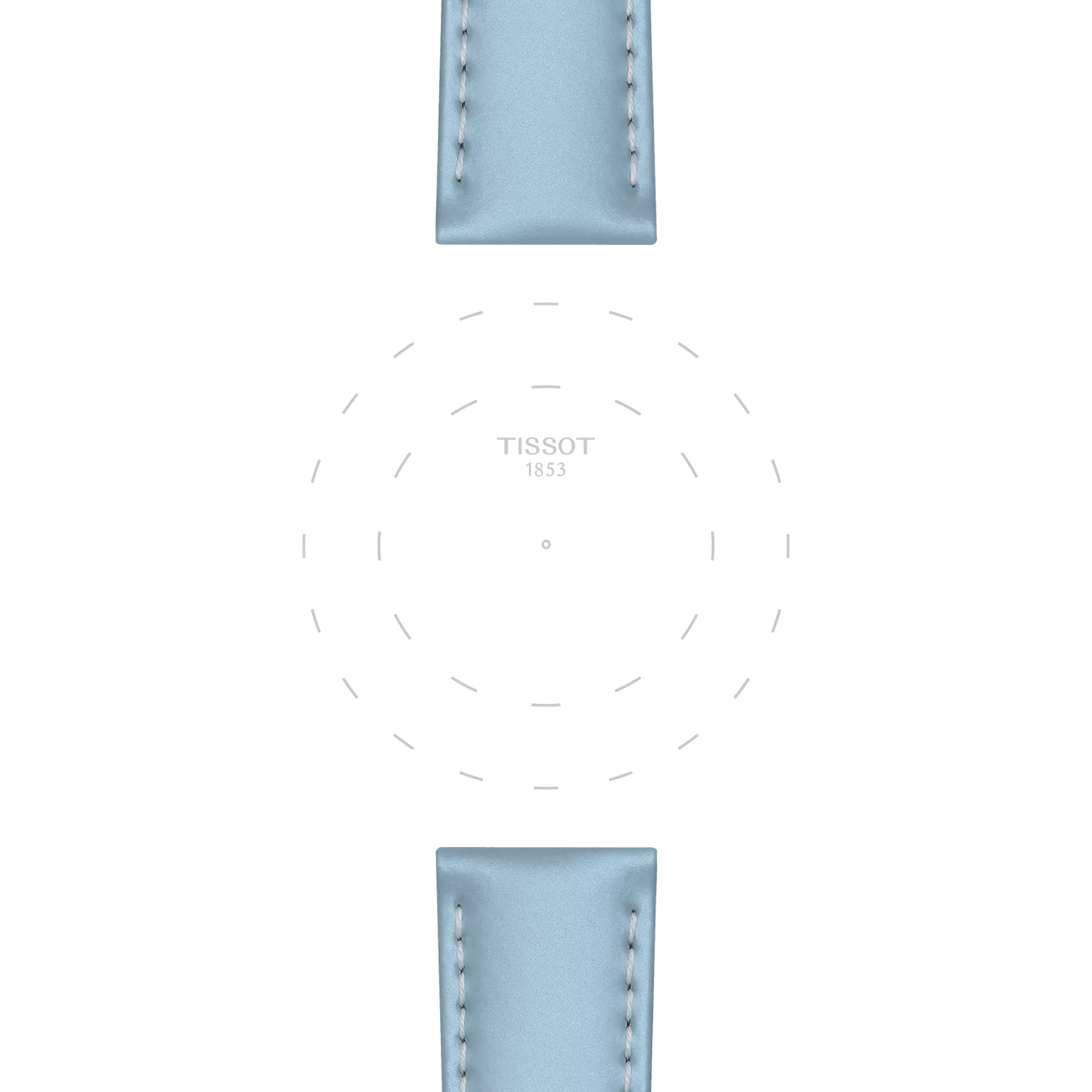 A watch face template with dashed circles and "TISSOT 1853" at the center, showcasing two Tissot Official Blue Leather Strap Lugs (18 mm) at the top and bottom, set against a plain white background.