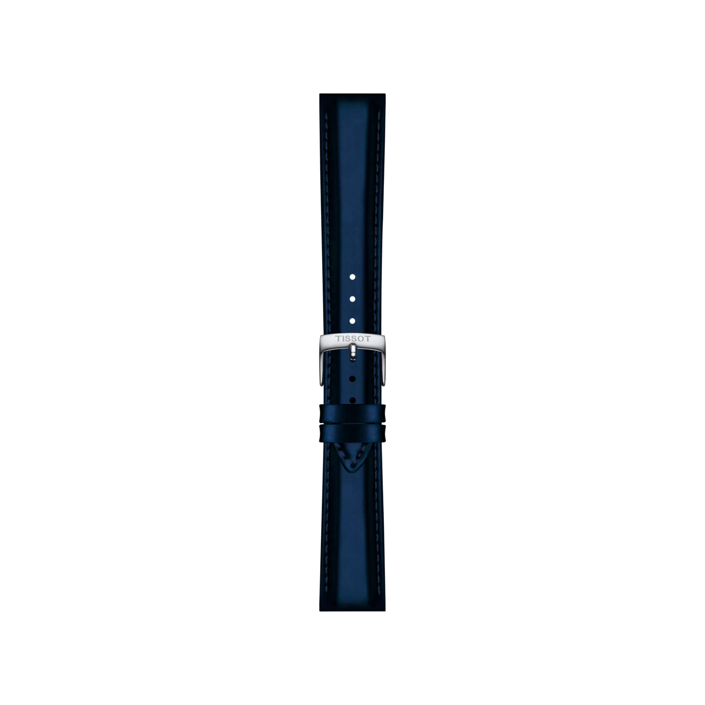 A Tissot Official Blue Synthetic Strap with 18mm lugs, featuring white stitching, a silver buckle, and multiple adjustment holes, is displayed vertically against a plain white background.