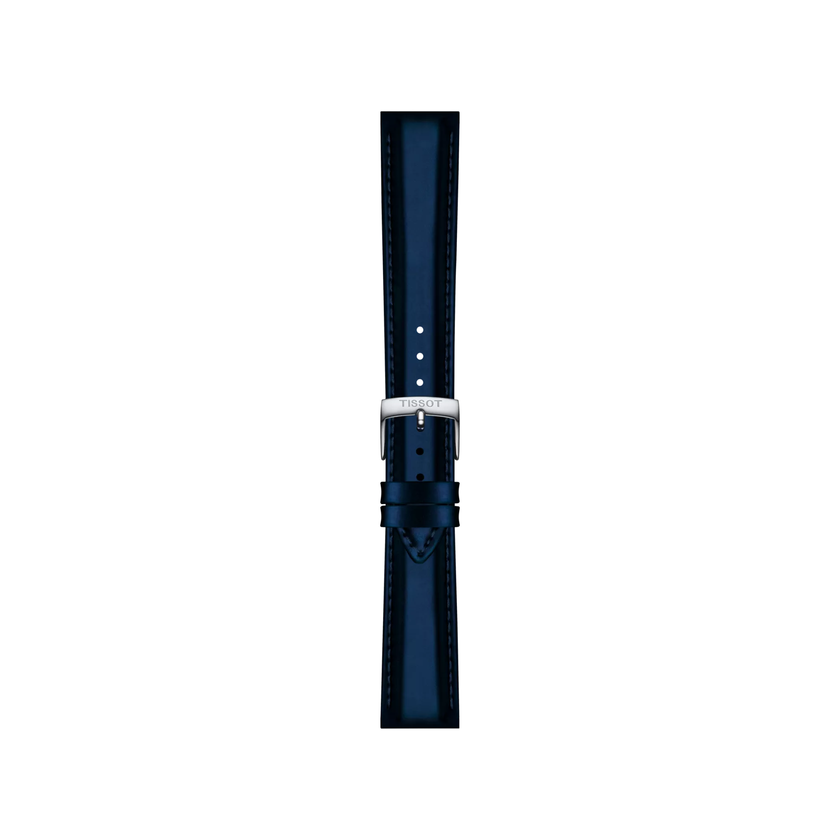 A Tissot Official Blue Synthetic Strap with 18mm lugs, featuring white stitching, a silver buckle, and multiple adjustment holes, is displayed vertically against a plain white background.