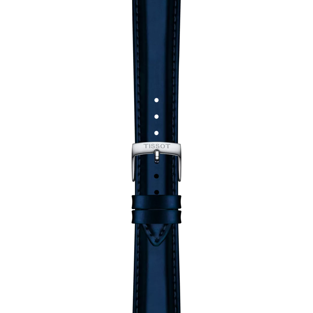 A close-up of the Tissot Official Blue Synthetic Strap Lugs 18mm, featuring a navy blue strap with a silver buckle engraved with "TISSOT," set against a plain white background.